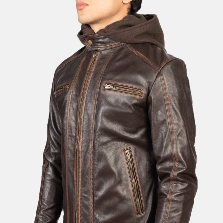 Mens Hector Vintage Brown Hooded Leather Biker Jacket Close-Up-9-1634133125311